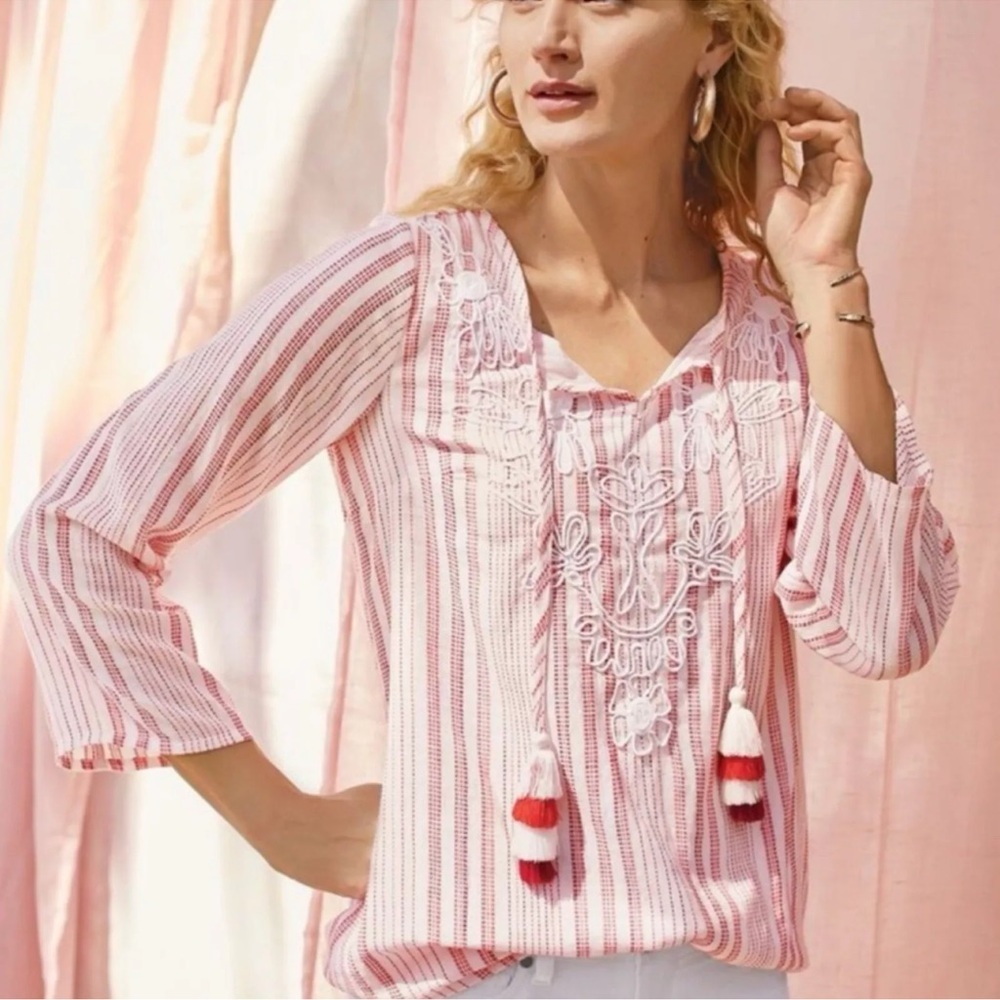 Soft Surroundings Salma Embroidered Striped Tunic Blouse Boho Red White Sz Large